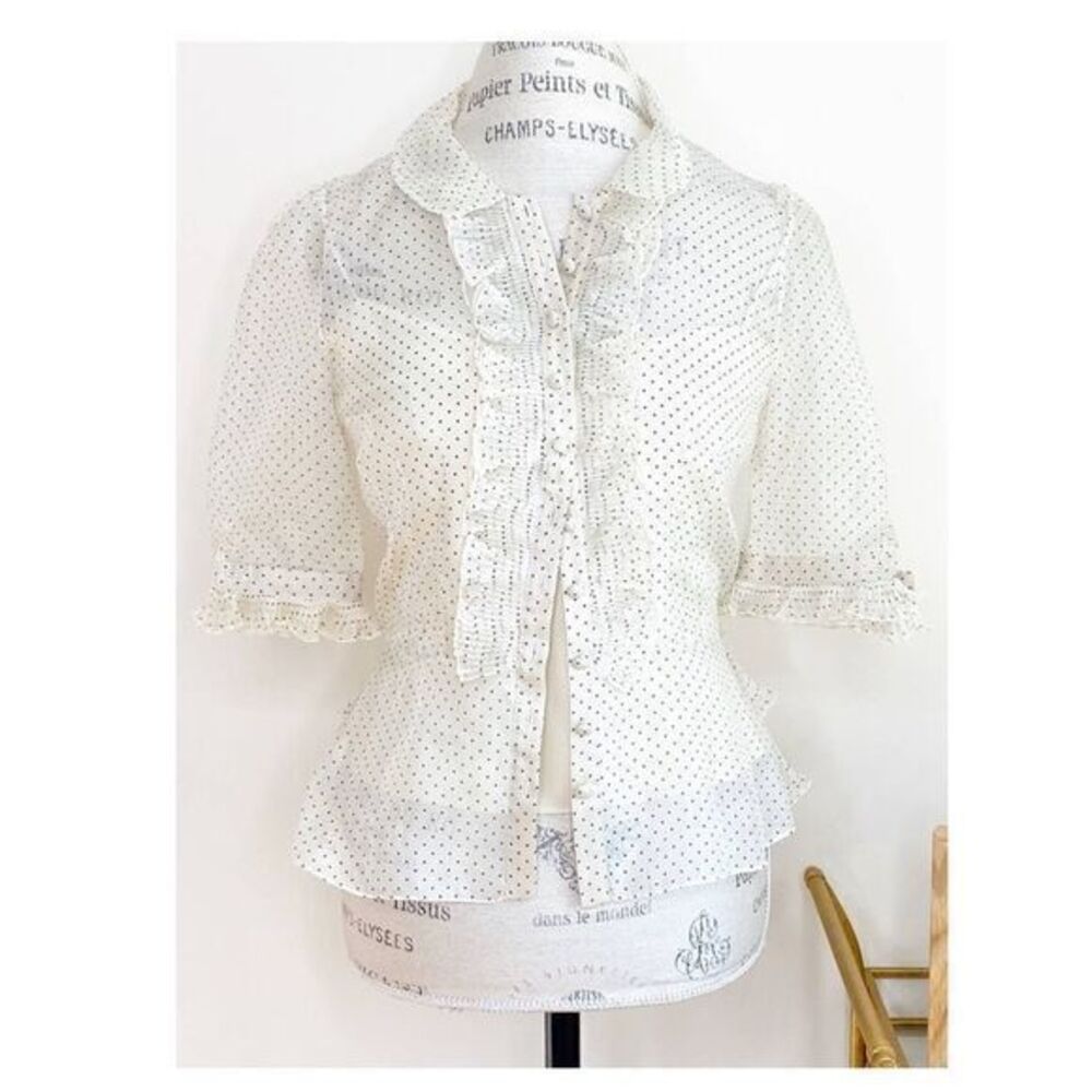 BETSEY JOHNSON Sheer Polka Dot Ladies Button Shirt Ruffle Top US 6